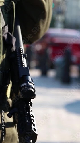 Soldiers in camouflage uniforms maintain order in the city