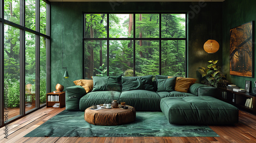 A cozy forest-green living room with large windows, a deep green sofa, warm wooden accents, and lush outdoor greenery creating a calm natural atmosphere.