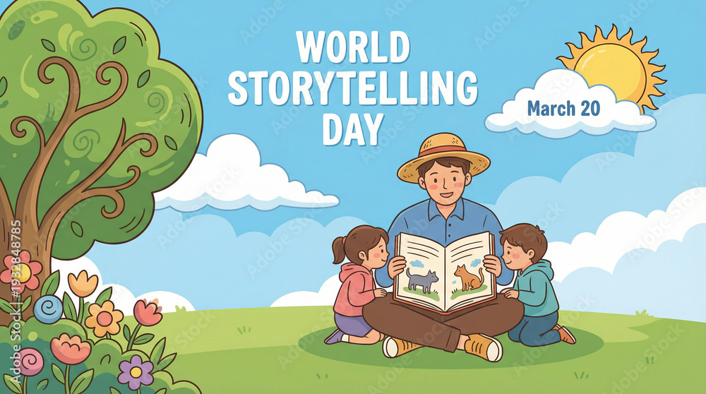 Obraz premium Man reading to children on World Storytelling Day outdoors