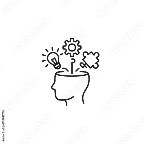 Innovative ideas emerging from a human head profile with gears and a lightbulb, symbolizing creativity and problem-solving in a simple illustration