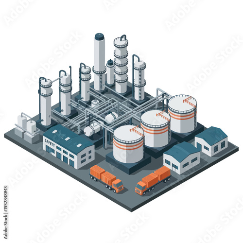 Industrial Factory with Storage Tanks and Trucks.