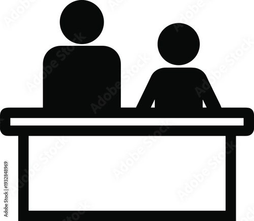 Business people sitting at desk or reception counter silhouette vector illustration isolated on white background for office workspace, customer service, and professional consultation themes