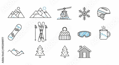 Winter Skiing and Snowboarding Icons Set.