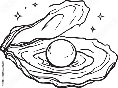 Black and white oyster shell with pearl vector illustration for jewelry rarity and beauty design