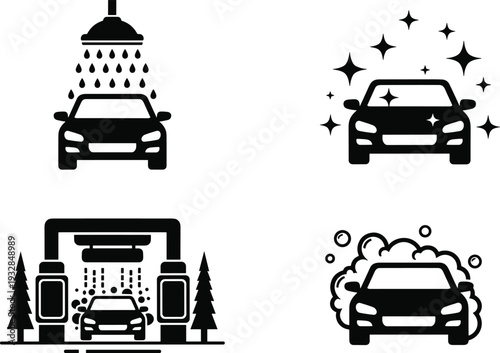 Car wash icon vector set isolated on white background for auto detailing service station vehicle cleaning maintenance sparkle shine and professional automotive care business