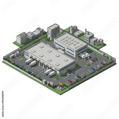 Industrial Building Complex with Parking and Vehicles.