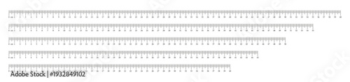 Ruler black scale forty five, fifty, fifty five, sixty cm with numbers. Set of measuring charts 40, 45, 50, 55, 60 centimeters. Length measurement math, distance, height, sewing tool, templates, icons