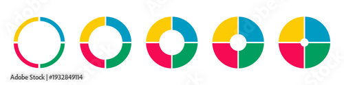Set of wheels divided in four sections. Pies, donut charts segmented on 4 equal parts. Diagrams infographic multicolored. Circle section graph. Pizza chart round layout icons. Loading bar mockups.