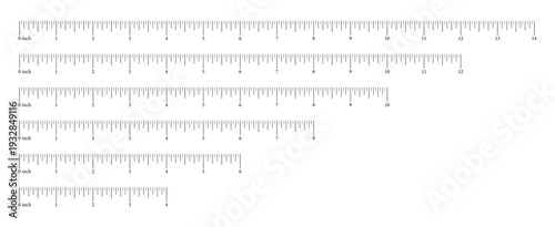 Ruler scales four, six, eight, ten, twelve, fourteen inch. Measuring chart 4, 6, 8, 10, 12, 14 inches. Sewing tool black icons. Set of length measurement math, distance, height templates.