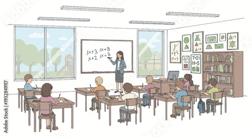 Teacher lecturing students in a bright classroom with math equations on whiteboard