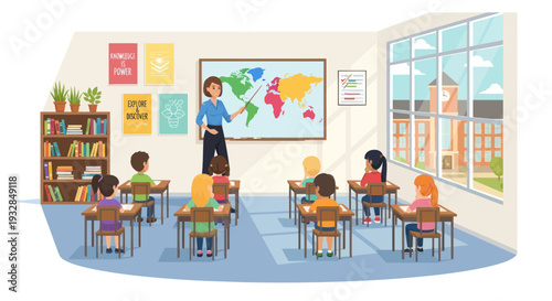 Children learning geography in a classroom with a world map and teacher