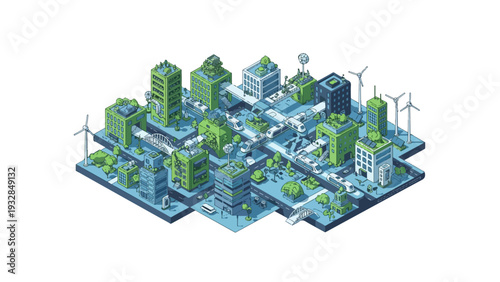Isometric view of a compact sustainable city development featuring green architecture and renewable energy infrastructure for urban planning concepts