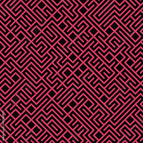 Intricate Pink Labyrinth on Black Abstract Seamless Pattern