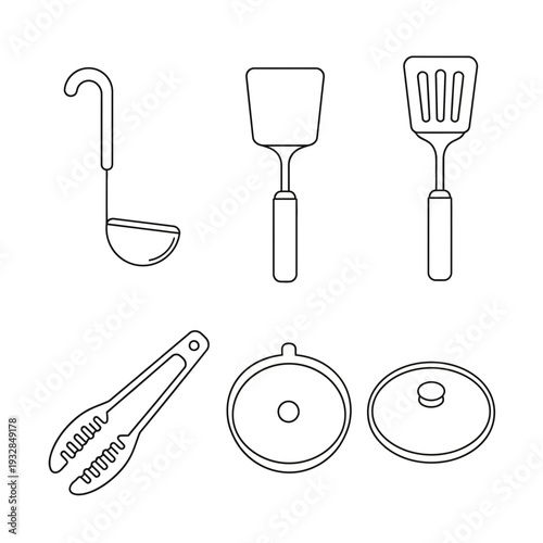 Essential modern kitchen tools including ladles spatulas tongs and pot lids for culinary creations and professional cooking