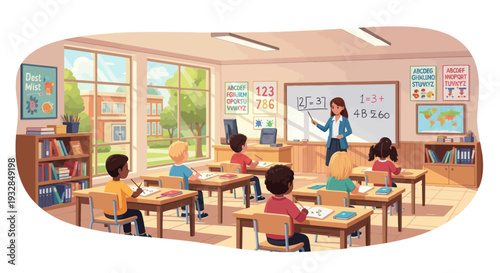 Diverse students learning math in a bright classroom with teacher at whiteboard