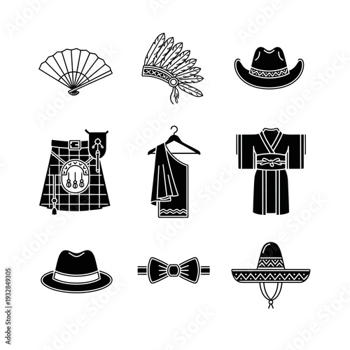 Discover diverse cultural attire and accessories including a fan, headdress, cowboy hat, kilt, kimono, fedora, bow tie, and sombrero symbolizing global fashion traditions.