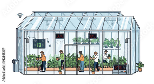 Modern Greenhouse with People Tending Plants and Technology