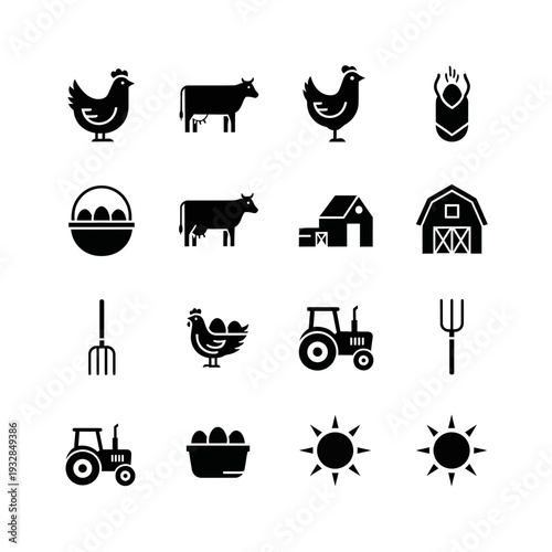 Charming farm icons featuring chickens cows barns tractors pitchforks and sun create a delightful agricultural theme perfect for rural projects