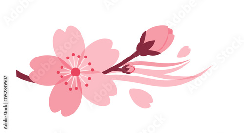 Delicate Pink Cherry Blossom Branch with Falling Petals and Bud