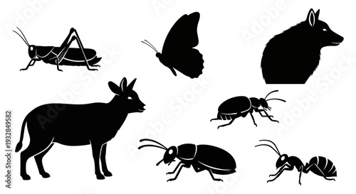 Diverse Black Silhouettes of Wild Animals and Insects Collection on White Background