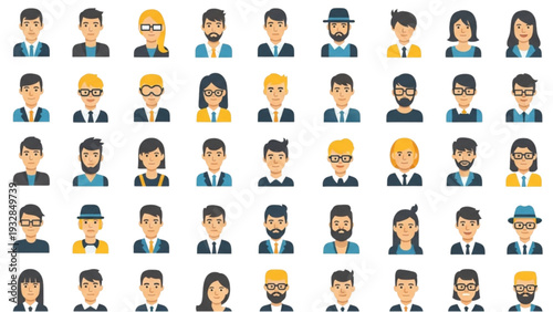 Diverse group of people icons in business attire, various occupations and accessories depicted in a grid pattern, viewed from the front.