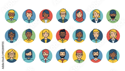 Diverse group of people illustrated in circular frames showcasing various ethnicities and professions