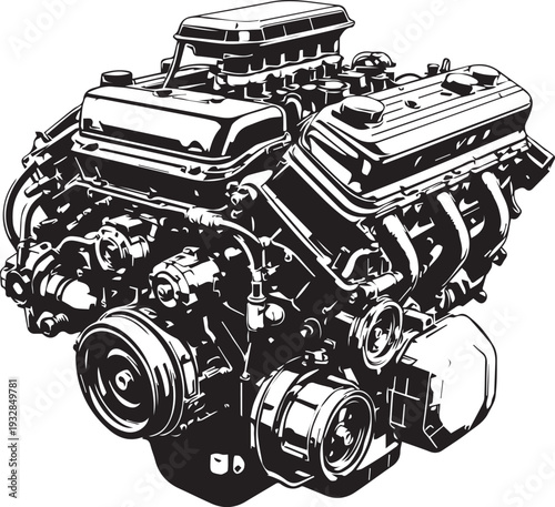 V8 internal combustion engine technical illustration cylinders valve covers intake manifold automotive design vector