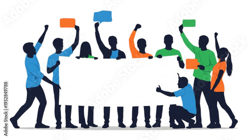 Diverse group of people holding blank sign at protest from behind