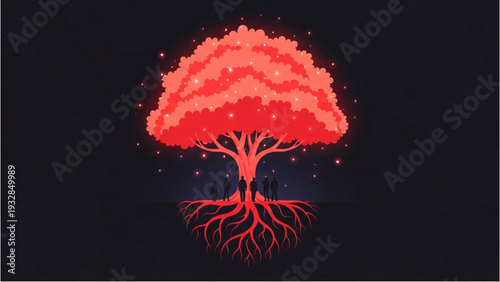 A vibrant red tree with roots and glowing sparks illustration against a dark background viewed from the front