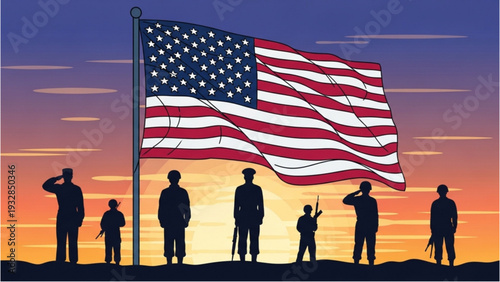 Silhouetted soldiers salute American flag at sunset on hill