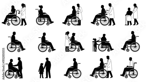 Medical professionals assisting patients in wheelchairs in various healthcare settings and scenarios