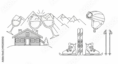 Skiing Equipment and Accessories Illustration Set.