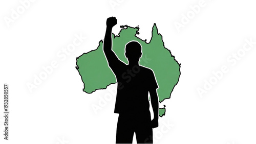 Man standing with raised fist in front of Australia map illustration