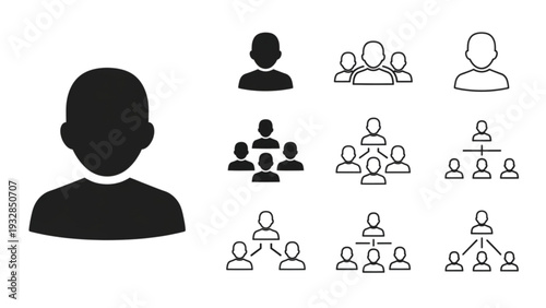 A person surrounded by various group icons and hierarchical structures