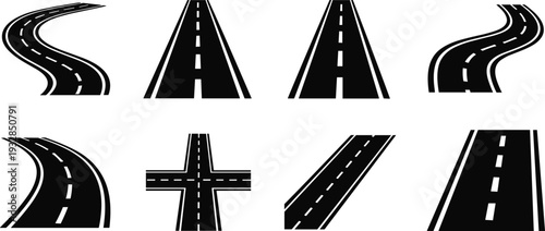Collection of black minimalist road and highway icons with perspective views winding paths and intersections for navigation maps travel transportation and infrastructure design projects