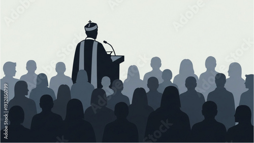 A judge addressing a crowd from a podium in a courtroom scene illustration
