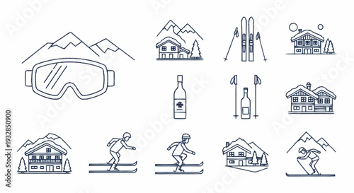 Skiing icons set with goggles and chalets.