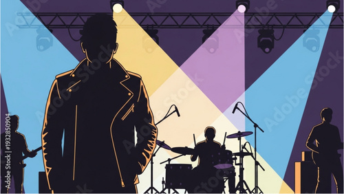 Silhouetted musician performing on stage with colorful spotlights shining from above