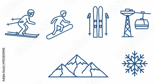 Skiing Icons Set with Snowflake and Mountains.