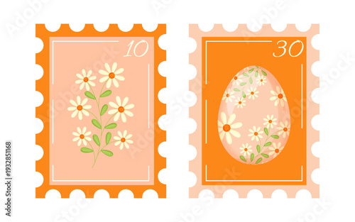 Set of colourful decorative postage stamps with flowers and Easter egg. Spring floral  stickers and postmarks. Decorative elements for design, posters, banners, postcards, advertising. Vector 
