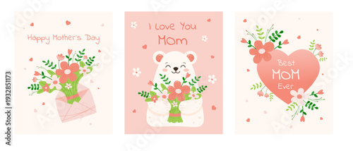 Cute Mother's Day design with flowers, cute bear, heart in pastel colours. Template for postcards, posters, banners, social media, invitations, gifts. Simple flat cartoon style. Vector illustration. 