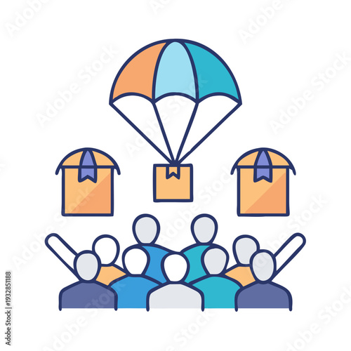 Humanitarian aid concept showing cardboard boxes being delivered by parachutes to a crowd of people reaching up for help.
