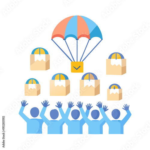 Humanitarian aid concept showing cardboard boxes being delivered by parachutes to a crowd of people reaching up for help.
