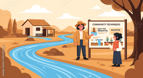 Two people discussing community farming techniques near a river.