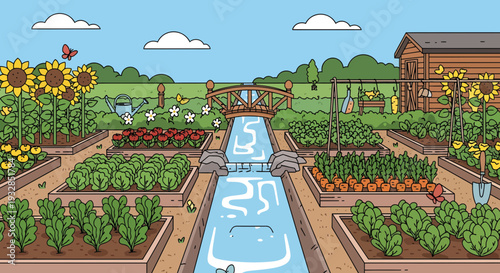 Vibrant Vegetable Garden with Irrigation System and Sunflowers.