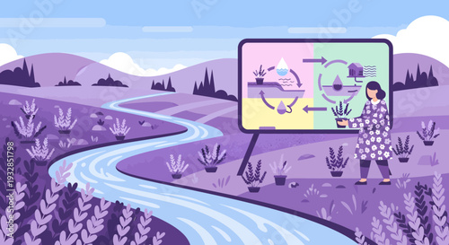 Woman presenting business process diagram on screen.