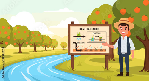 Farmer Explaining Basic Irrigation Methods on a Farm.