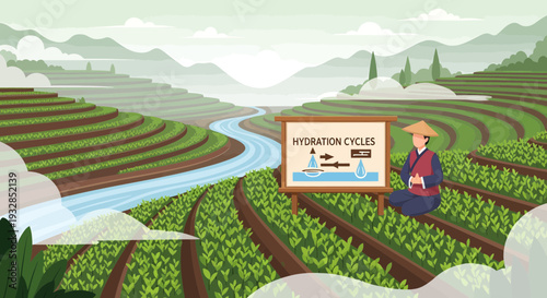 Farmer Explaining Hydration Cycles on Terraced Fields.