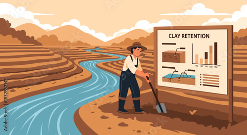 Farmer Explaining Clay Retention Techniques on a Terraced Farm.