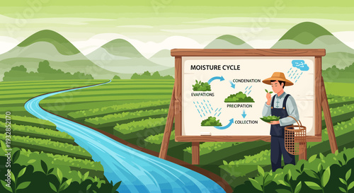 Farmer Explaining Moisture Cycle Diagram on a Farm.